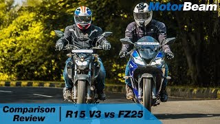 Yamaha R15 V3 vs Yamaha FZ25  Comparison Review  MotorBeam [upl. by Collen898]