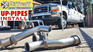 2001 F350 73  RiffRaff UpPipes Install  Stock up pipes leaking and falling apart JUNK SP [upl. by Vassell]