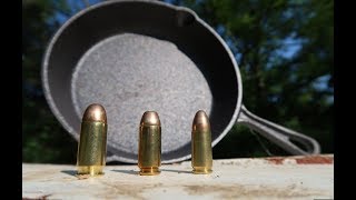 9mm vs 40 Cal vs 45 ACP  Cast Iron Skillets [upl. by Guria]