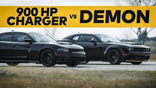 Dodge Demon vs 900 HP Hellcat Charger  Street Race Comparison [upl. by Shreve]